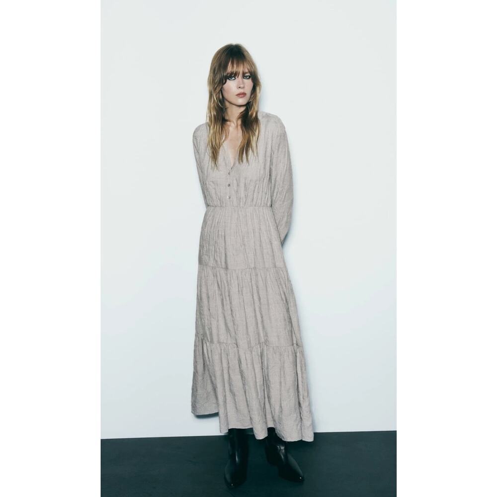 Zara Long Tiered Maxi Dress in Light Taupe